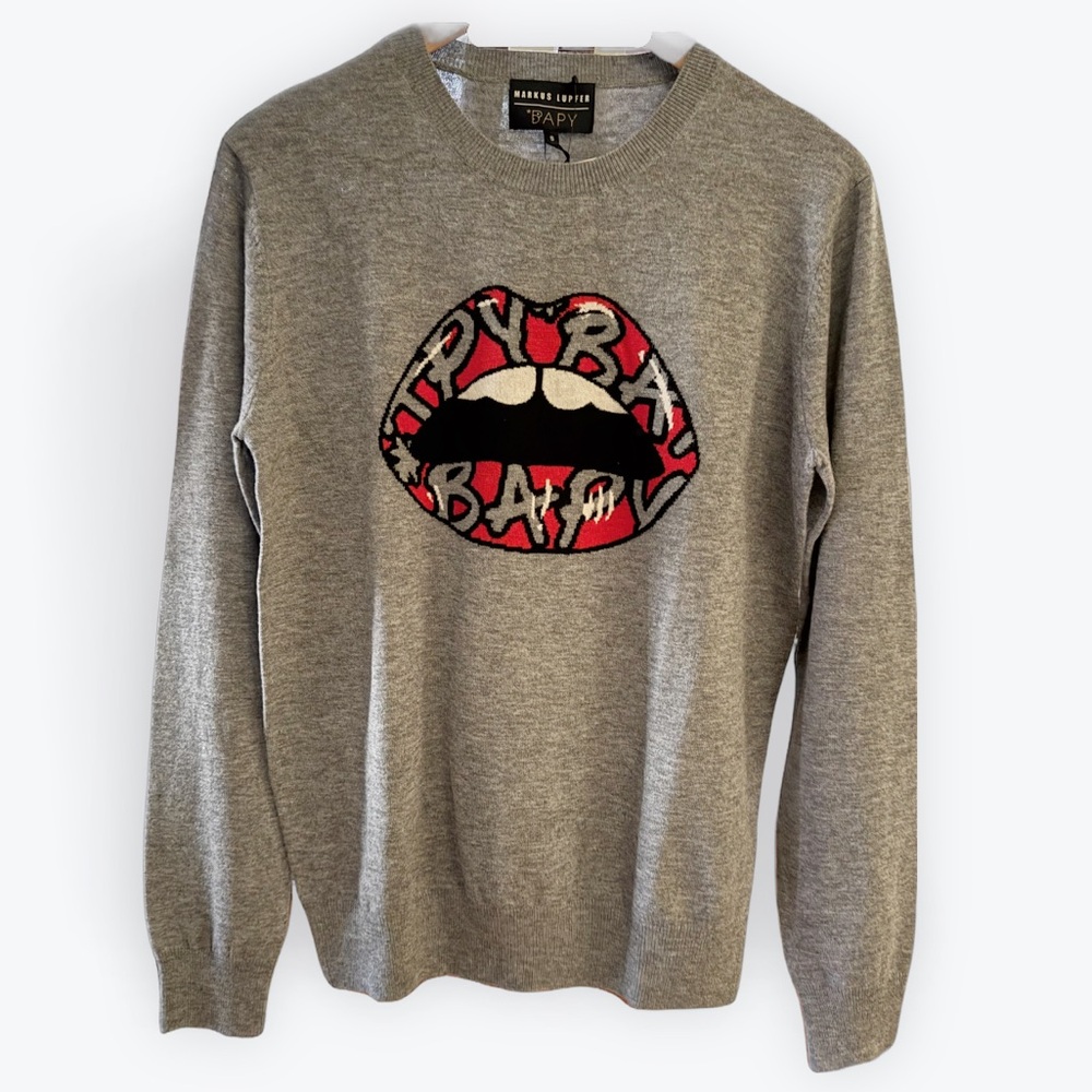 NWT Women’s Bapy x Markus Lupfer Gray Crewneck Sweater with Graphic Lips